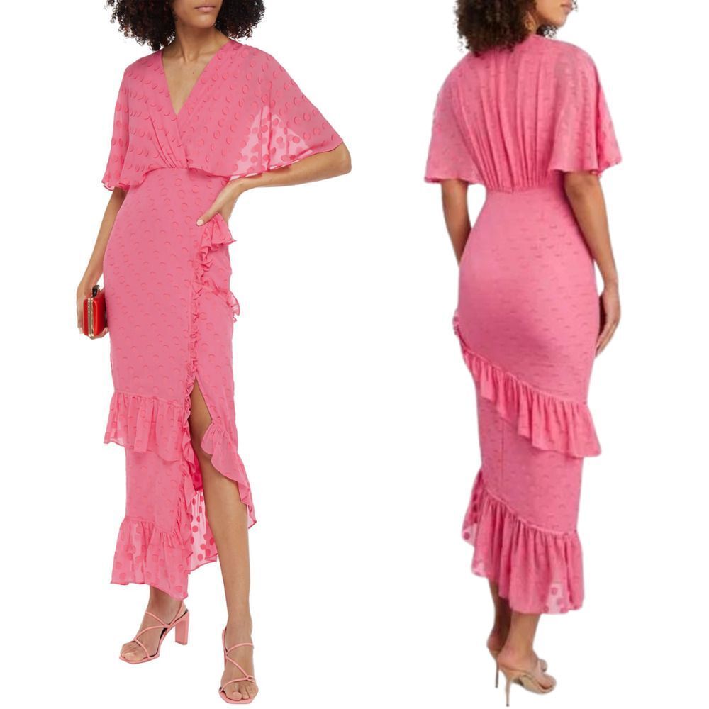 Saloni Jacquard Polka Dot Rose Ruffle Midi Dress Watermelon Pink Size 0 Silk New